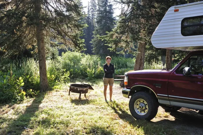 Framed Print : Woman next to her caravan along Nez Perce pass, Idaho, USA, MR Framed Print : Woman next to her caravan along Nez Perce pass, Idaho, USA, MR