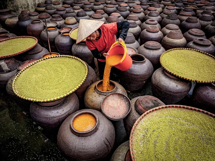 Framed Print : Woman with conical hat pouring soy sauce into traditional jars, Hanoi, Vietnam. (MR) Framed Print : Woman with conical hat pouring soy sauce into traditional jars, Hanoi, Vietnam. (MR)