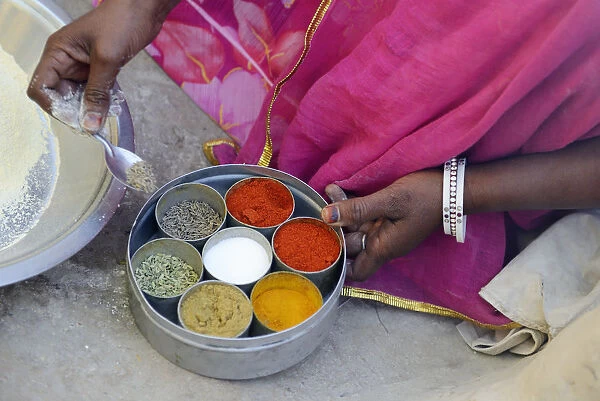 A woman cooking with spices and herbs in the Village of Pachewar, Rajasthan, India, Asia