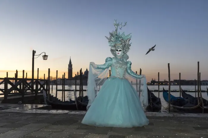 Framed Print : Woman in costume during Carnival at dawn, Piazza San Marco (St. Marks Square)