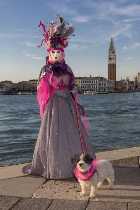 Framed Print : A woman and her dog pose in costume during the Venice Carnival, San Giorgio Maggiore Framed Print : A woman and her dog pose in costume during the Venice Carnival, San Giorgio Maggiore