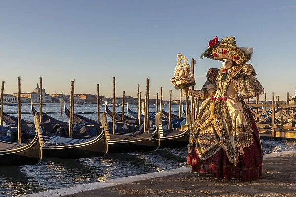 A woman in an elaborate costume poses in front of the Venice lagoon during the Venice