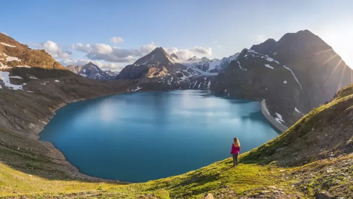 Framed Print : Woman looks at Gries Glacier and lake, Valais, Ulrichen, Switzerland (MR) Framed Print : Woman looks at Gries Glacier and lake, Valais, Ulrichen, Switzerland (MR)