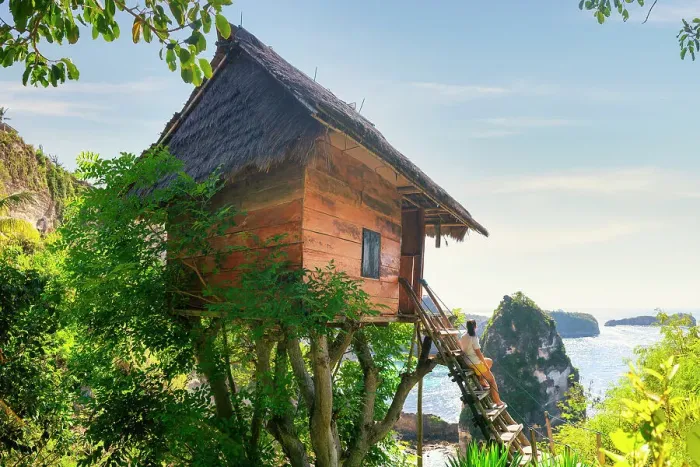 Framed Print : Woman and tree house by the sea, Nusa Penida, Bali, Indonesia (MR) Framed Print : Woman and tree house by the sea, Nusa Penida, Bali, Indonesia (MR)