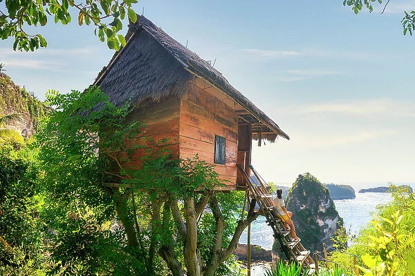 Woman and tree house by the sea, Nusa Penida, Bali, Indonesia (MR)