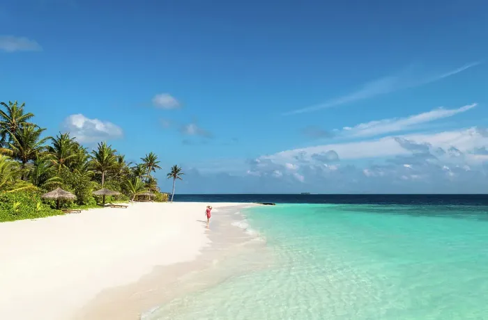 Framed Print : Woman walking on a sandy beach, Baa Atoll, Maldives Framed Print : Woman walking on a sandy beach, Baa Atoll, Maldives