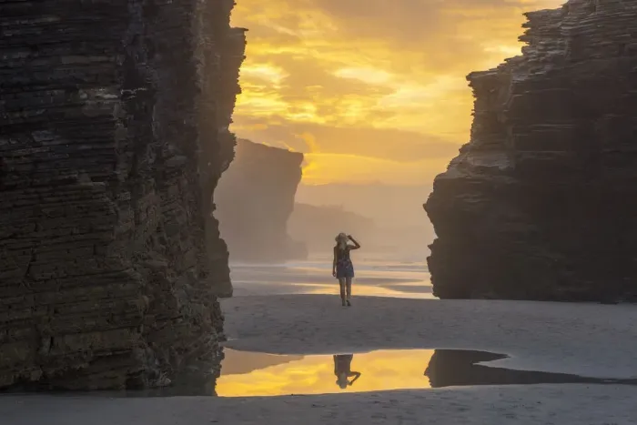 Framed Print : Woman walks at Playa de Las Catedrales at sunset, Ribadeo, Galicia, Spain, Iberian Peninsula (MR) Framed Print : Woman walks at Playa de Las Catedrales at sunset, Ribadeo, Galicia, Spain, Iberian Peninsula (MR)