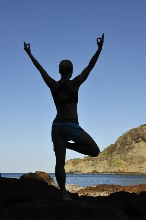 Framed Print : Woman in yoga pose at the Aqua Wellness Resort, Nicaragua, Central America