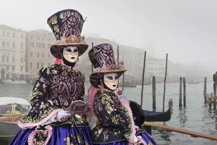 Framed Print : Two women in costume at Carnival time near Grand canal in mist, Venice, Veneto, Italy Framed Print : Two women in costume at Carnival time near Grand canal in mist, Venice, Veneto, Italy