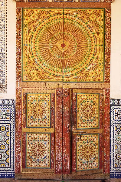 Wood carved door at the Zaouia Naciri in Tamegroute. Zagora region, Draa Valley. Morocco