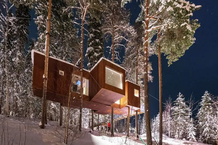 Framed Print : Wood cottage with large panoramic windows, Tree hotel, Harads, Lapland, Sweden Framed Print : Wood cottage with large panoramic windows, Tree hotel, Harads, Lapland, Sweden