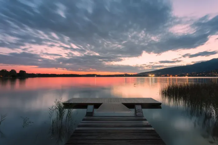 Framed Print : Wood pier on Pusiano lake at sunset, Bosisio Parini, Lecco province, Lombardy, italy