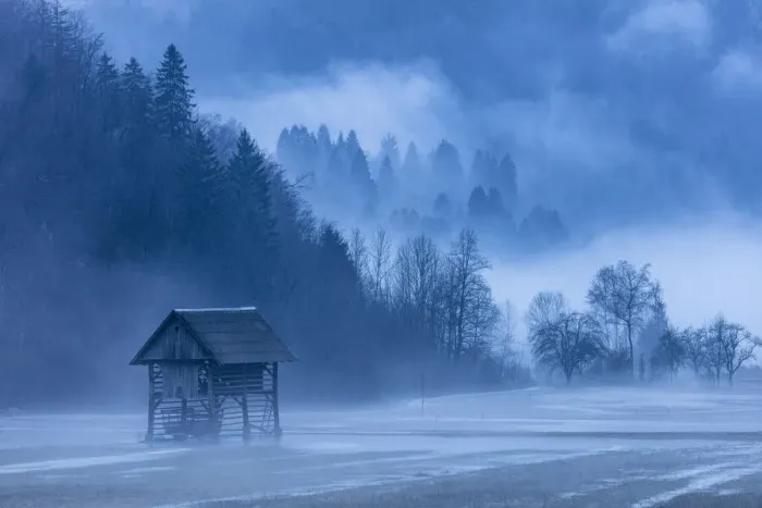Framed Print : Wooden barns in Mist near Lake Bohinj, Slovenia Framed Print : Wooden barns in Mist near Lake Bohinj, Slovenia