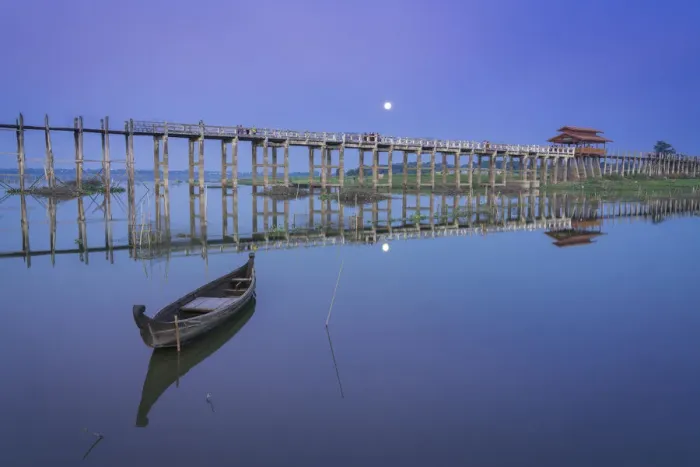 Framed Print : Wooden boat by U Bein bridge against sky, Amarapura, Amarapura Township, Mandalay Framed Print : Wooden boat by U Bein bridge against sky, Amarapura, Amarapura Township, Mandalay