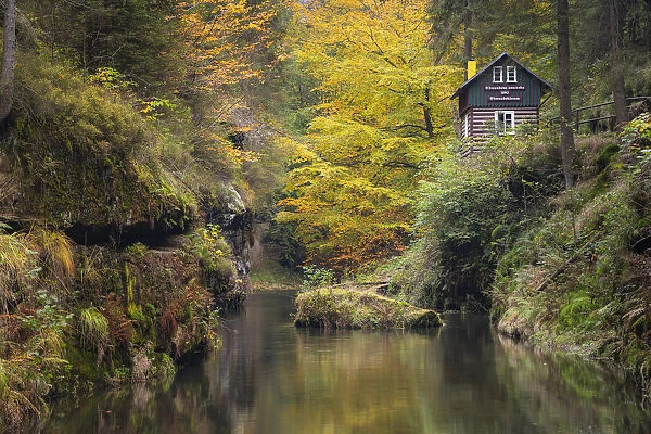 Wooden cabin inside Edmund Gorge by Kamenice river, Bohemian Switzerland National Park, Hrensko, Decin District, Usti nad Labem Region, Czech Republic