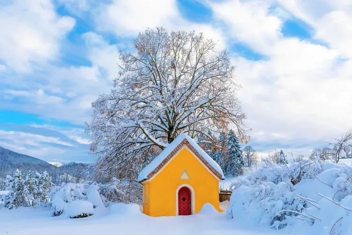 Framed Print : Wooden Chapel in the Snow, Bavaria, Germany Framed Print : Wooden Chapel in the Snow, Bavaria, Germany