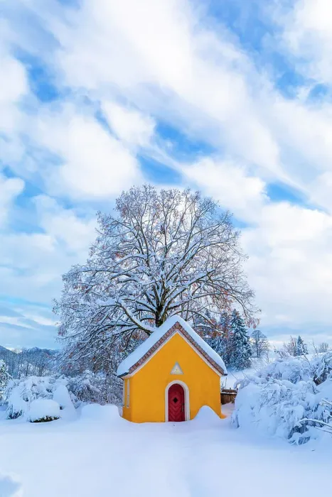 Framed Print : Wooden Chapel in the Snow, Bavaria, Germany Framed Print : Wooden Chapel in the Snow, Bavaria, Germany