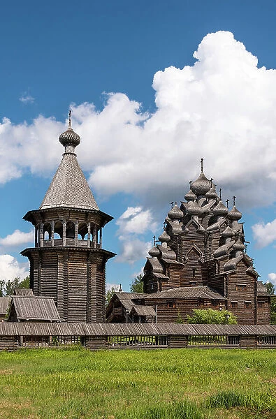 Wooden Church of Intercession (Pokrovskaya Church) with 25 domes, and bell tower, built in full accordance with the technologies of the 18th century, from wood without the use of nails, near Saint Petersburg, Russia