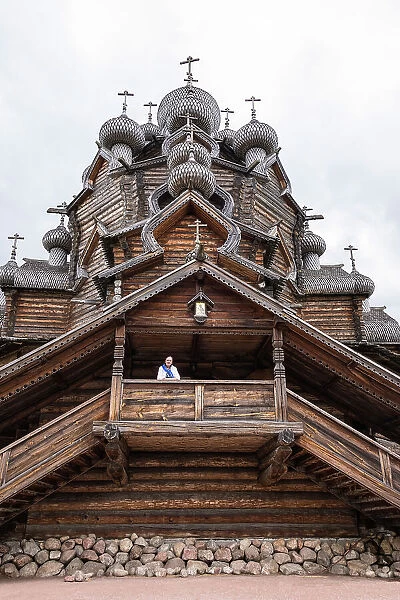 Wooden Church of Intercession (Pokrovskaya Church) with 25 domes, built in full accordance with the technologies of the 18th century, from wood without the use of nails, near Saint Petersburg, Russia