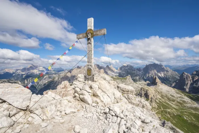 Framed Print : Wooden cross on top of Mount Paterno and surrounding landscape in summer. Sesto Dolomites Framed Print : Wooden cross on top of Mount Paterno and surrounding landscape in summer. Sesto Dolomites
