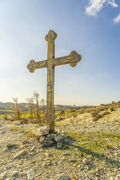 A wooden crucifix overlooking Kellia, Larnaca District, Cyprus