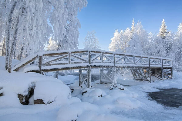 Wooden footbridge in winter, Oulanka National Park, Finland