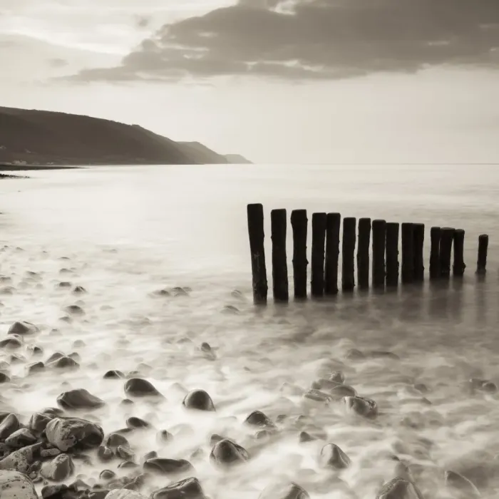 Framed Print : Wooden groynes on Bossington Beach at sunset, Exmoor National Park, Somerset, England Framed Print : Wooden groynes on Bossington Beach at sunset, Exmoor National Park, Somerset, England