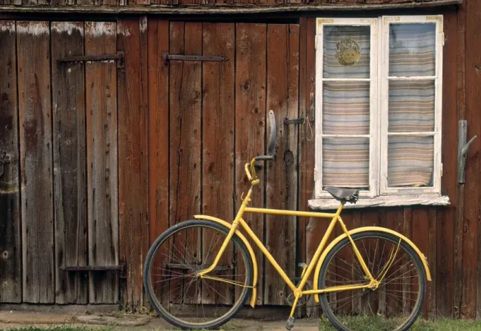 Framed Print : Wooden house & bike Framed Print : Wooden house & bike