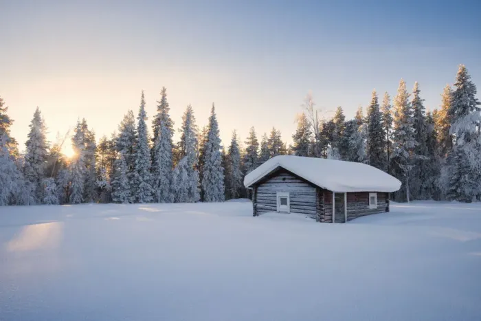 Framed Print : Wooden house in the snowy forest, Kiruna, Norrbotten County, Lapland, Sweden, Europe