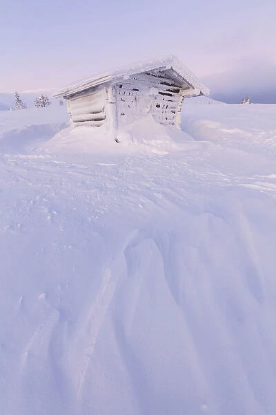 Wooden hut covered with snow, Pallas-Yllastunturi National Park, Muonio, Lapland, Finland