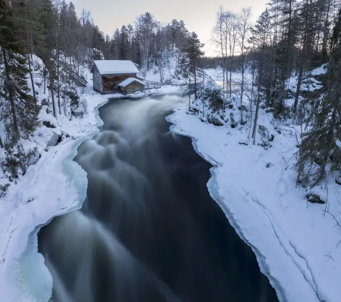 Framed Print : A wooden hut surrounded by the river rapids and snowy woods at dusk Juuma Myllykoski Framed Print : A wooden hut surrounded by the river rapids and snowy woods at dusk Juuma Myllykoski
