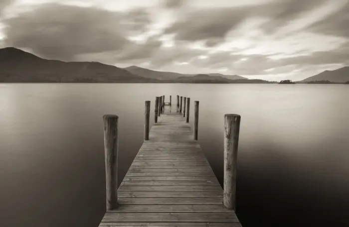 Framed Print : Wooden jetty on Derwent Water in the Lake District, Cumbria, England. Autumn