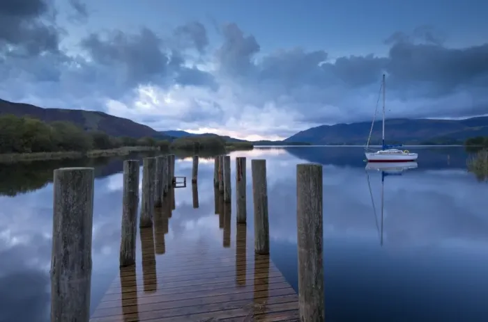Framed Print : Wooden jetty and yacht on Derwent Water near Lodore, Lake District, Cumbria, England Framed Print : Wooden jetty and yacht on Derwent Water near Lodore, Lake District, Cumbria, England