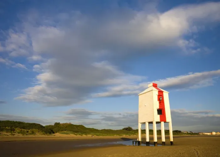 Framed Print : Wooden lighthouse on the sandy beach at Burnham-on-Sea, Somerset, England. Spring