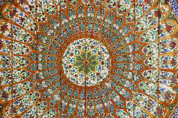 Framed Print : Wooden painted ceiling in the Marrakech medina. Morocco