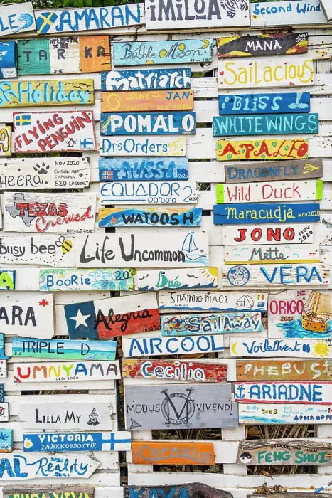 Framed Print : Wooden plaques of visiting boats to the Paradise Beach Club, Carriacou Island, Grenada, Caribbean Framed Print : Wooden plaques of visiting boats to the Paradise Beach Club, Carriacou Island, Grenada, Caribbean