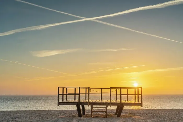 Framed Print : Wooden platform on beach at sunrise, Hornum, Sylt, Nordfriesland, Schleswig-Holstein, Germany