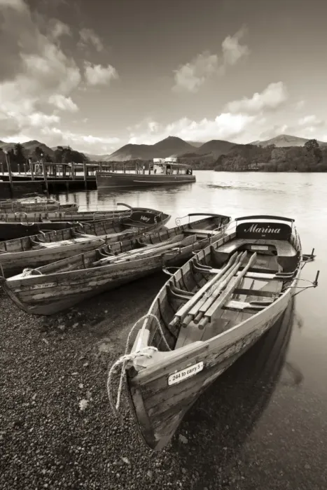Framed Print : Wooden Rowing Boats on Derwent Water, Keswick, Lake District, Cumbria, England. Autumn Framed Print : Wooden Rowing Boats on Derwent Water, Keswick, Lake District, Cumbria, England. Autumn