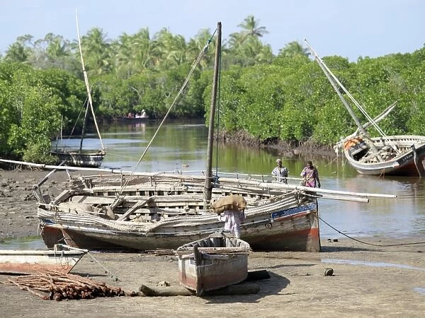 Wooden sailing boats anchor at the end of the mangrove-lined