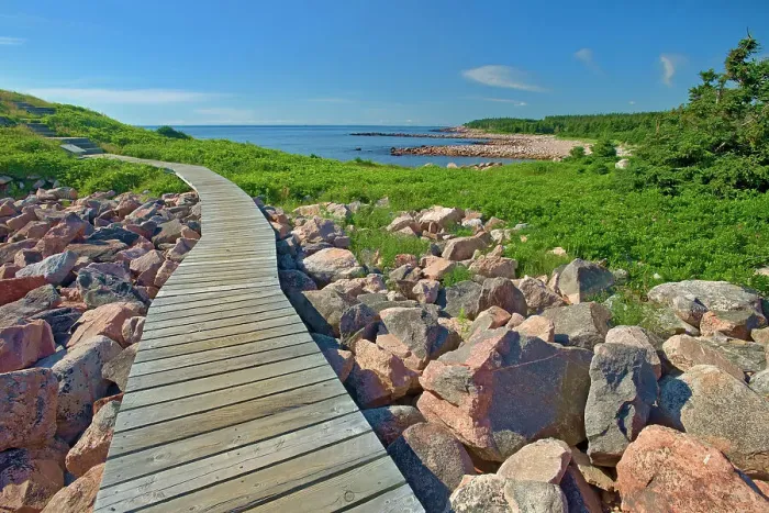Framed Print : Wooden walkway along the at Green Cove Trail through the rocky shoreline along the Cabot Strait (Atlantic Ocean). Cabot Trail. Cape Breton Island. Cape Breton Highlands National Park, Nova Scotia, Canada Framed Print : Wooden walkway along the at Green Cove Trail through the rocky shoreline along the Cabot Strait (Atlantic Ocean). Cabot Trail. Cape Breton Island. Cape Breton Highlands National Park, Nova Scotia, Canada
