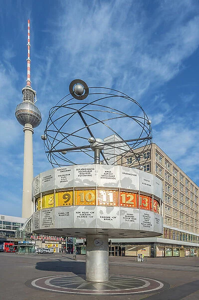 World time clock with TV tower, Alexanderplatz, Berlin, Germany