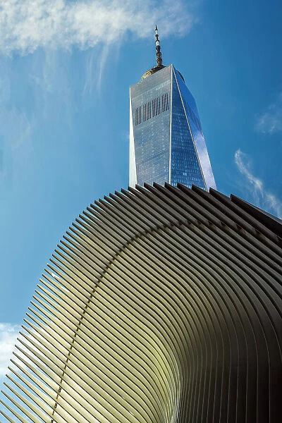 World Trade Center station (PATH), known also as Oculus, designed by architect Santiago Calatrava with One World Trade Center behind, Manhattan, New York, USA