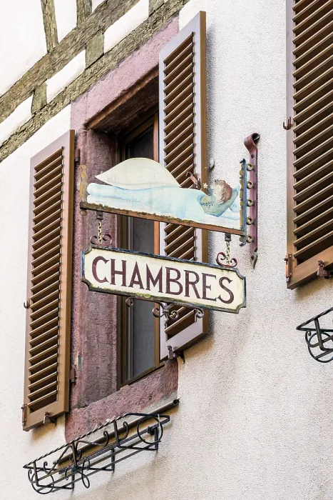 Framed Print : Wrought iron guesthouse sign, Kaysersberg, Haut-Rhin, Alsace, Grand Est, France