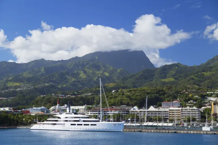 Framed Print : Yacht in harbour, Pape ete, Tahiti, French Polynesia