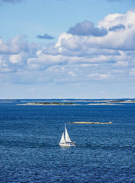 Yacht sailing near the coast, elevated view, Aland Islands, Finland