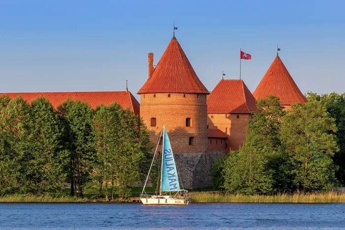 Framed Print : Yacht in front of Trakai Island Castle, Trakai, Lithuania Framed Print : Yacht in front of Trakai Island Castle, Trakai, Lithuania