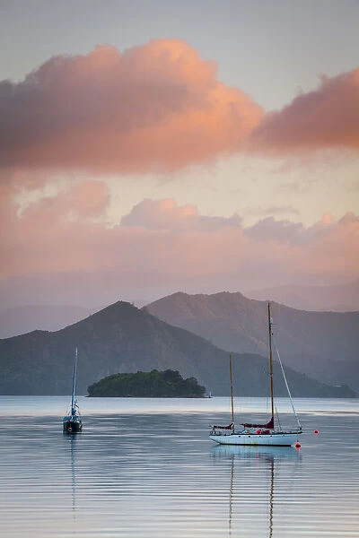 Yachts anchored on the idyllic Queen Charlotte Sound, Picton, Marlborough Sounds