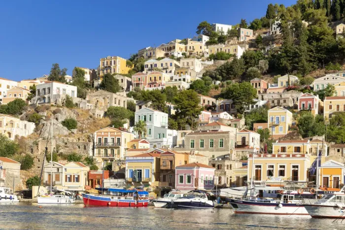 Framed Print : Yachts in Gialos Harbour, Symi Island, Dodecanese Islands, Greece Framed Print : Yachts in Gialos Harbour, Symi Island, Dodecanese Islands, Greece
