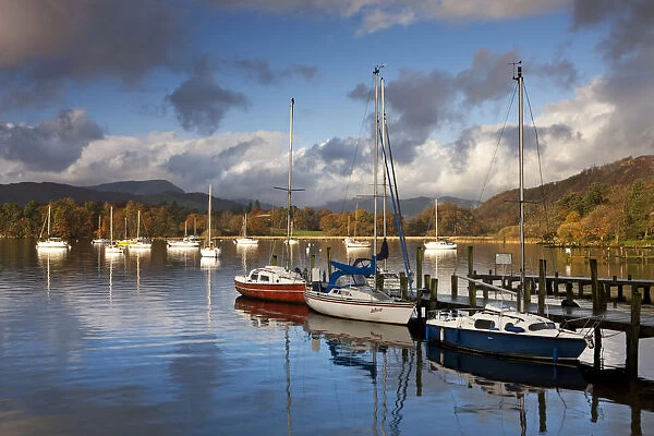 Yachts moored on Windermere at Waterhead, Lake District, Cumbria, England. Autumn