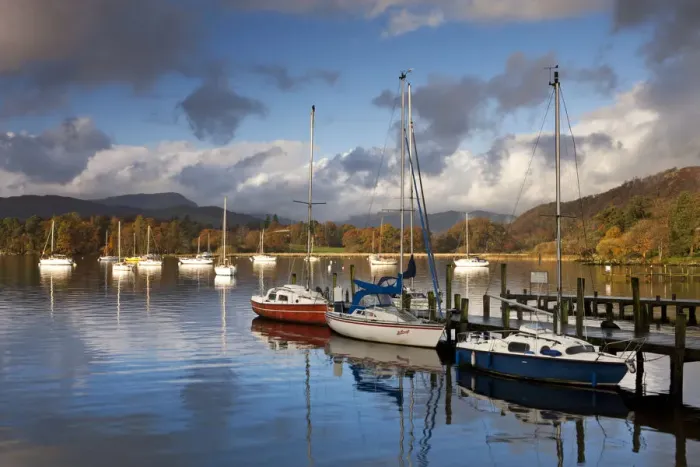Framed Print : Yachts moored on Windermere at Waterhead, Lake District, Cumbria, England. Autumn Framed Print : Yachts moored on Windermere at Waterhead, Lake District, Cumbria, England. Autumn